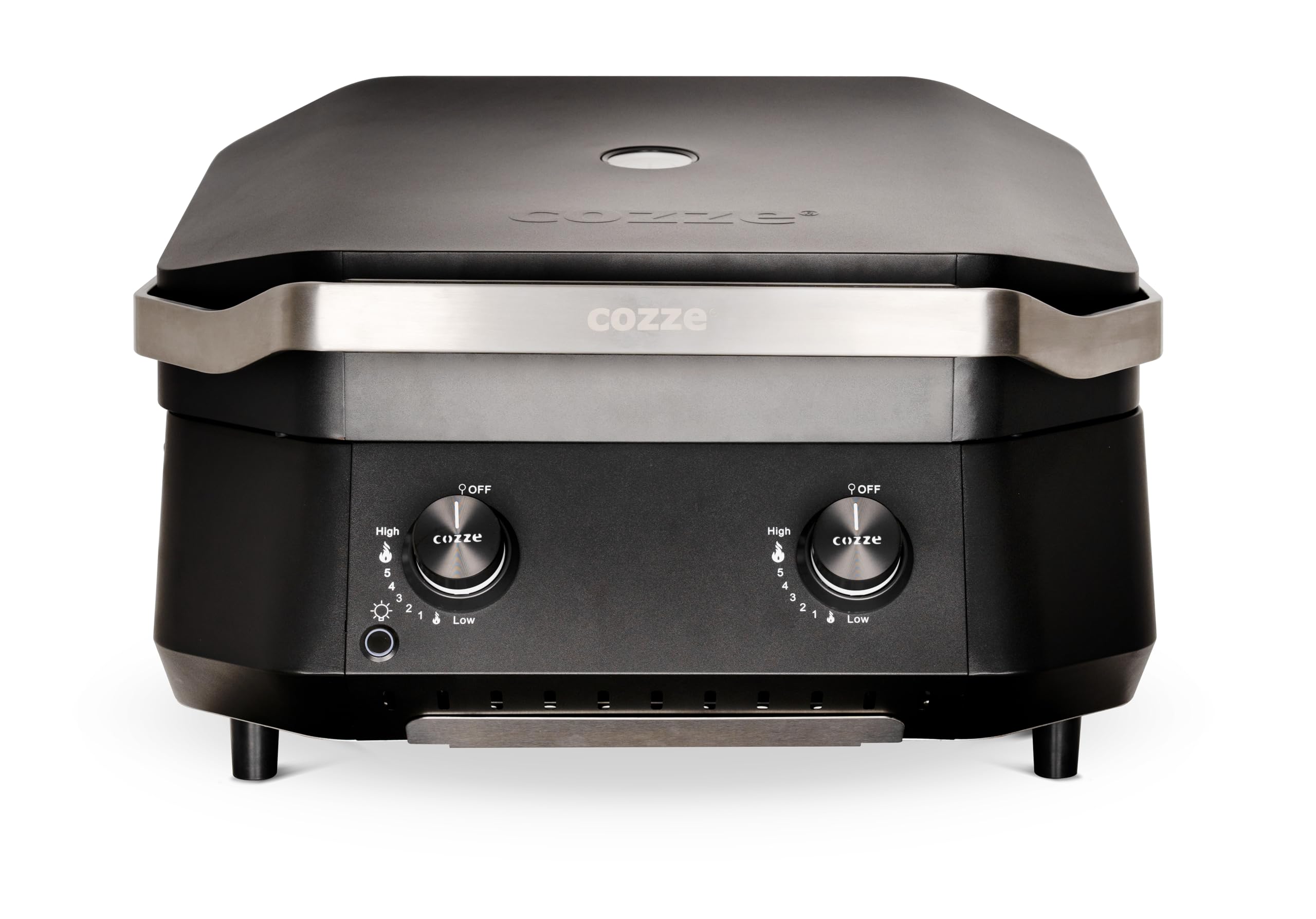 cozze - G-500 Plancha | Gasgrill mit Zwei U-Form Brennern | Automatischer Zündung und LED-Licht | 535x418 mm Grillfläche | Inkl. Regulator und 1.01M Schlauch | Schwarz/Rostfreier Stahl