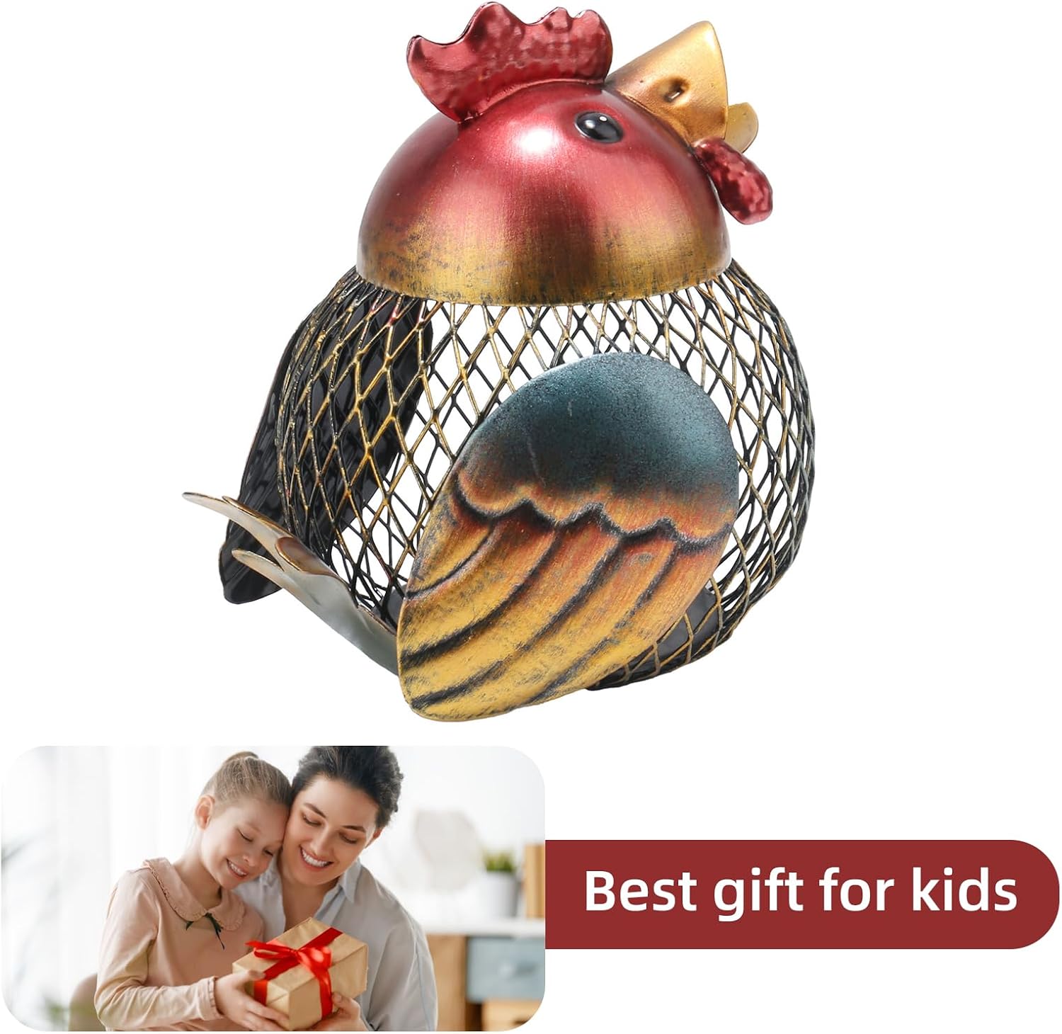 5 inches Cute Vintage Chicken Coin Bank,Novelty Cool Metal Iron Piggy Bank for Adults, Rustic Decorative Money Saving Box for Study Room Office Desk Retro Home Décor Gift