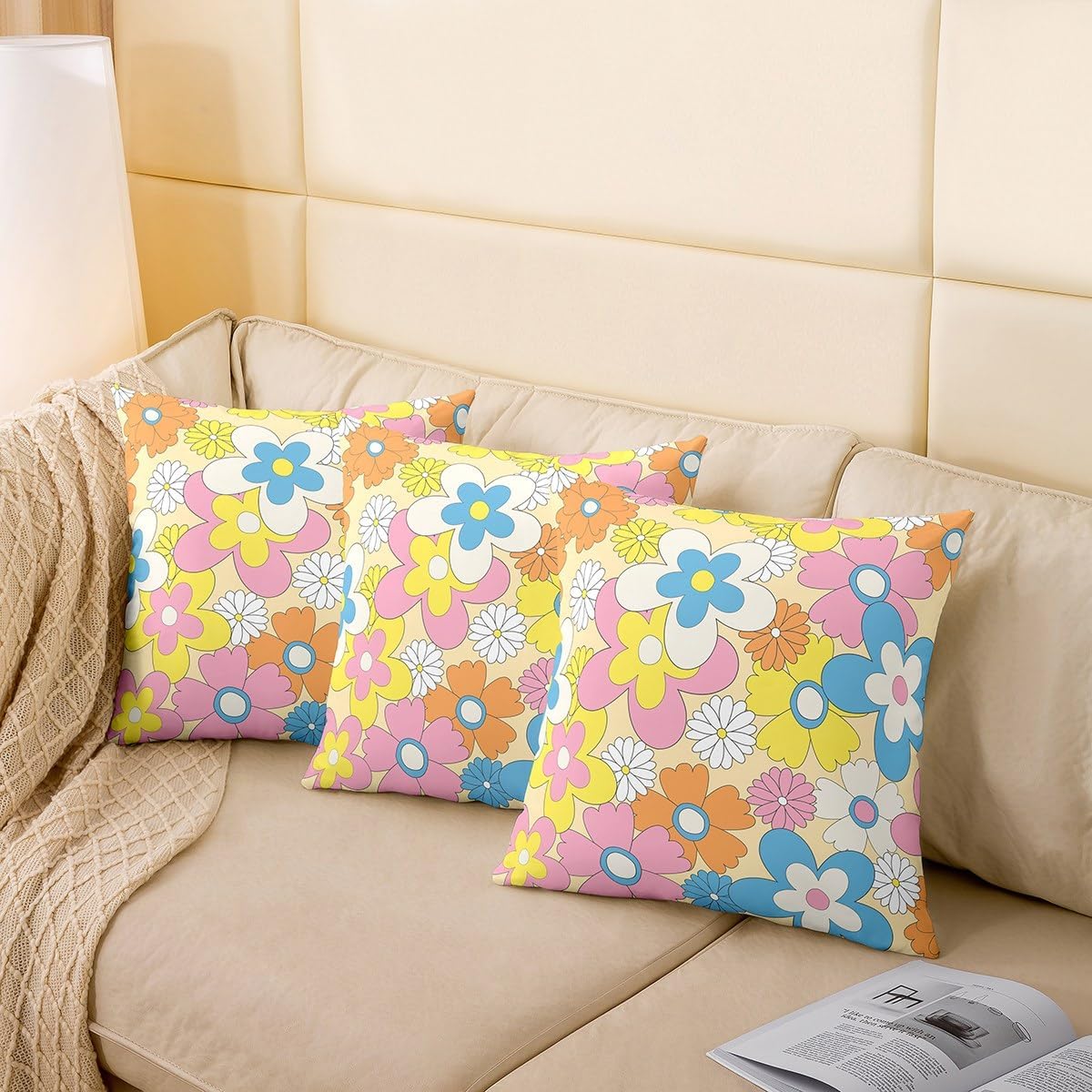 Pack of 4 70S Groovy Flowers Throw Pillow Covers 20x20 Hippie Colorful Retro Floral Cute Cushion Cases Vintage Garden Flower Cushion Covers Pastel Botanical Hippy Pillow Covers Aesthetic Bedroom Decor