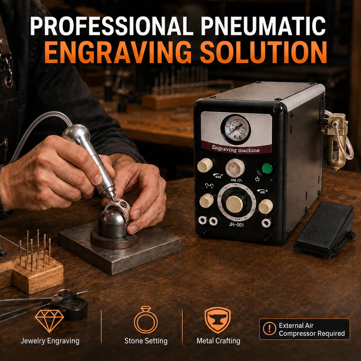 Pneumatic Graver Engraving Tool, 110V Jewelry Air Graver Kit with Foot Pedal, Dual Handpieces, 2 Graver Bits, 400-8000 SPM Variable Speed, 0-60 PSI Regulator for Stone Setting, Metal & Steel Engraving