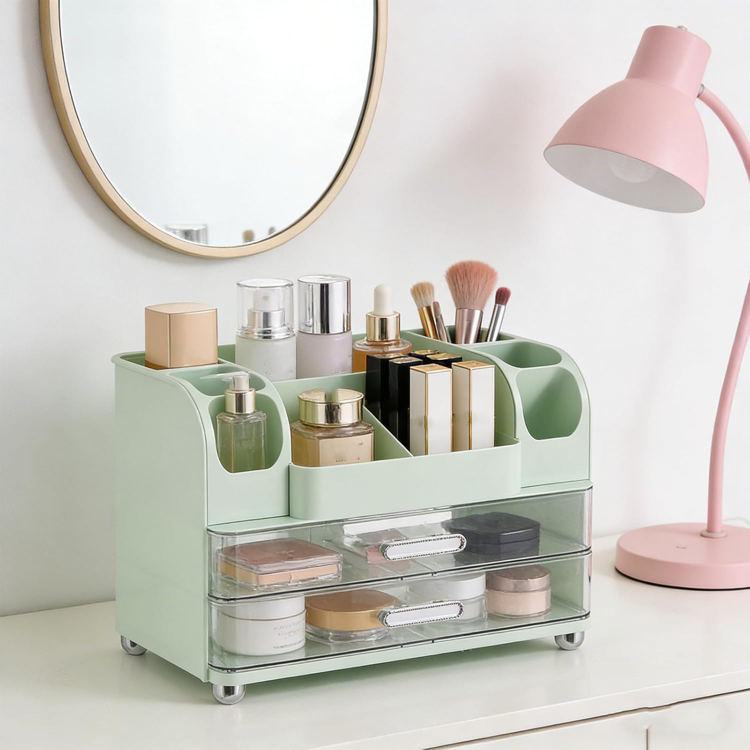 AYNEFY Makeup Organizer, Multitier Vanity Stand Water Proof Large Capacity Holder Countertop Cosmetic Display Case with Drawers Compartments for Lipstick Nail Polishes Perfumes (Green)