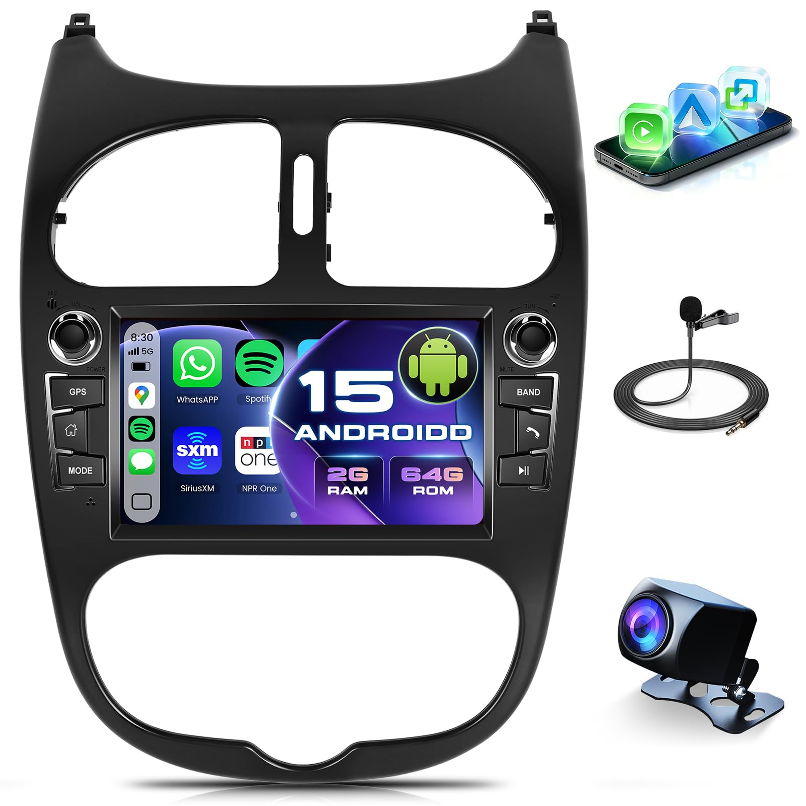 [2G+64G] Auto Radio per Peugeot 206 1998-2016/ per Citroen C2 04-08 con CarPlay wireless e Android Auto, Display touchscreen da 7 pollici Autoradio, Navigazione GPS, WiFi, Bluetooth