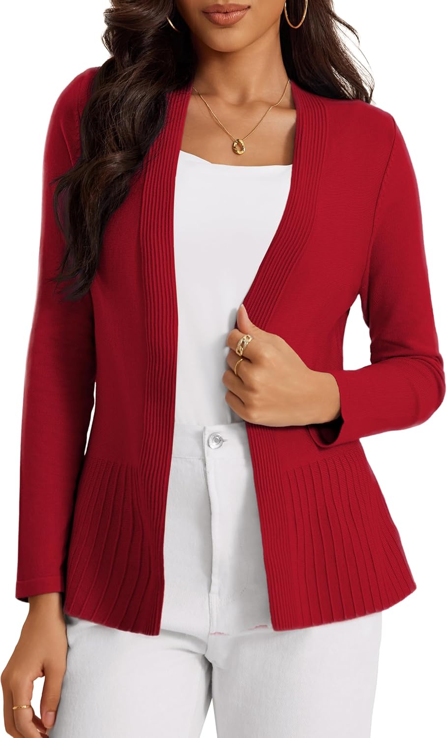 Casuashion Women's Casual Open Front Sweater Long Sleeve Rib Knit Draped Cardigan