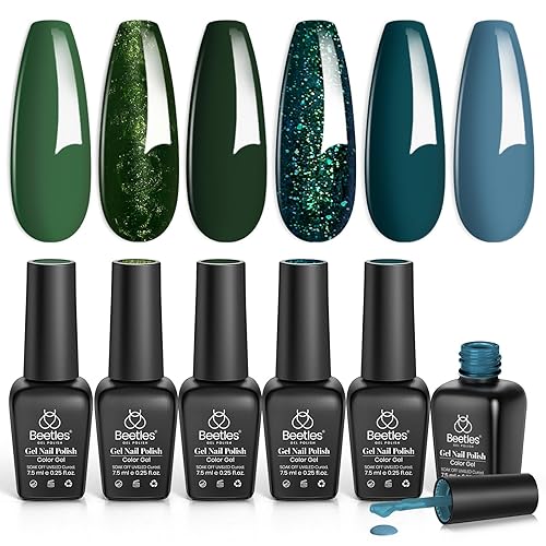 Beetles Forest - Kit de esmalte de uñas, LED ultravioleta, semipermanente Forest Dark Green, 6 colores de gel verde oscuro para manicura casera
