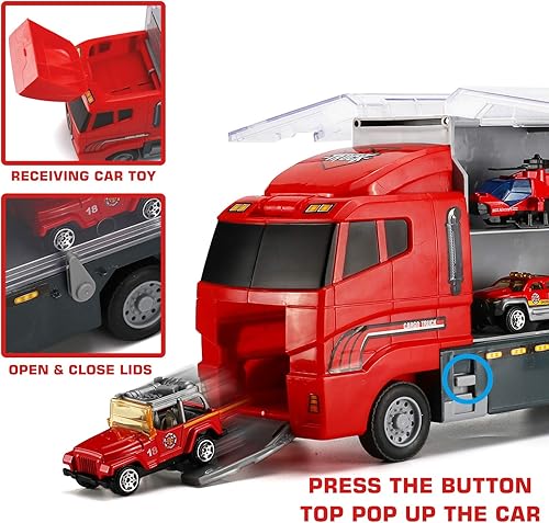 Miniatura 4 de Camión de bomberos de 19 piezas con juego de juguetes de bomberos, mini automóvil de bomberos fundido a presión en camión transportador, mini