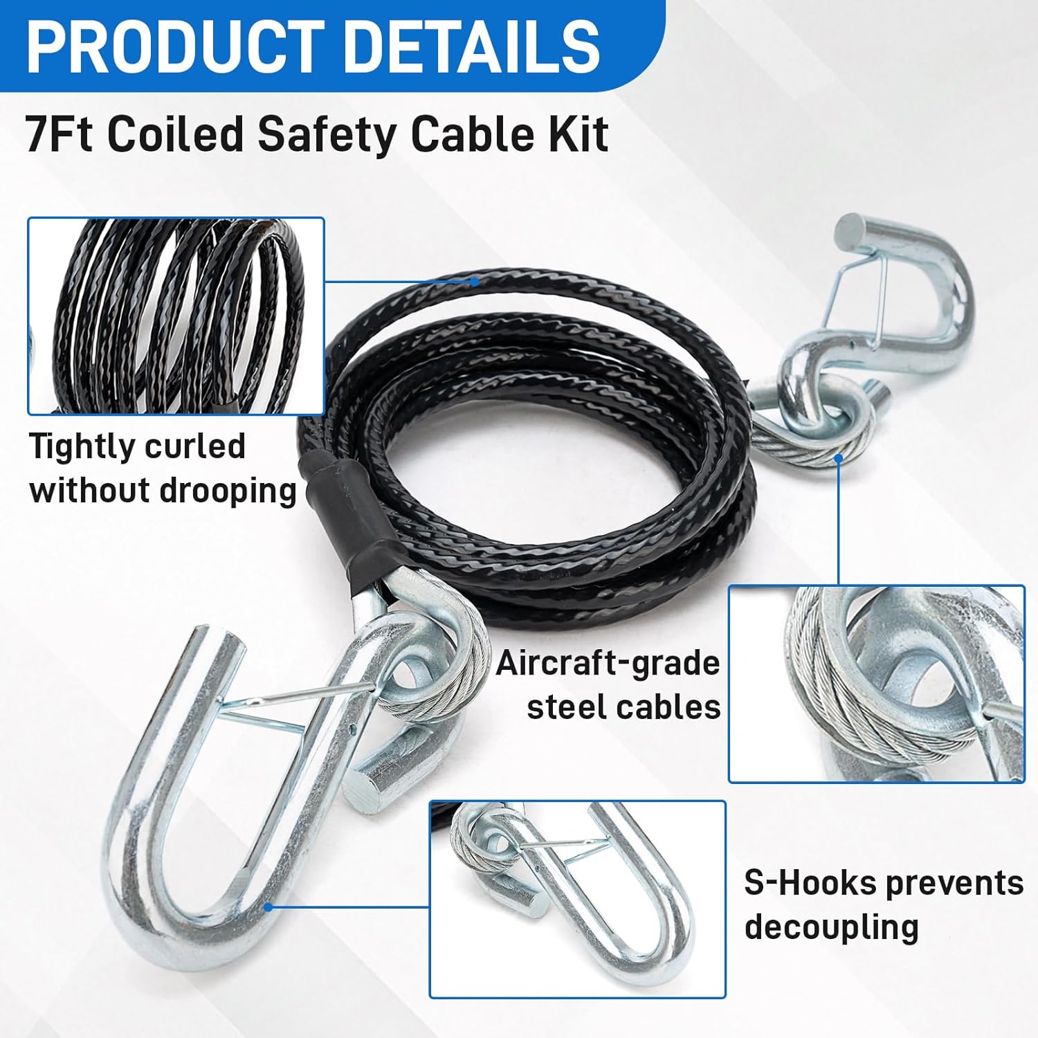 BX88196 Safety Cable Kit with S-Hook | 7 Ft Black Coiled Cable 7500LBS