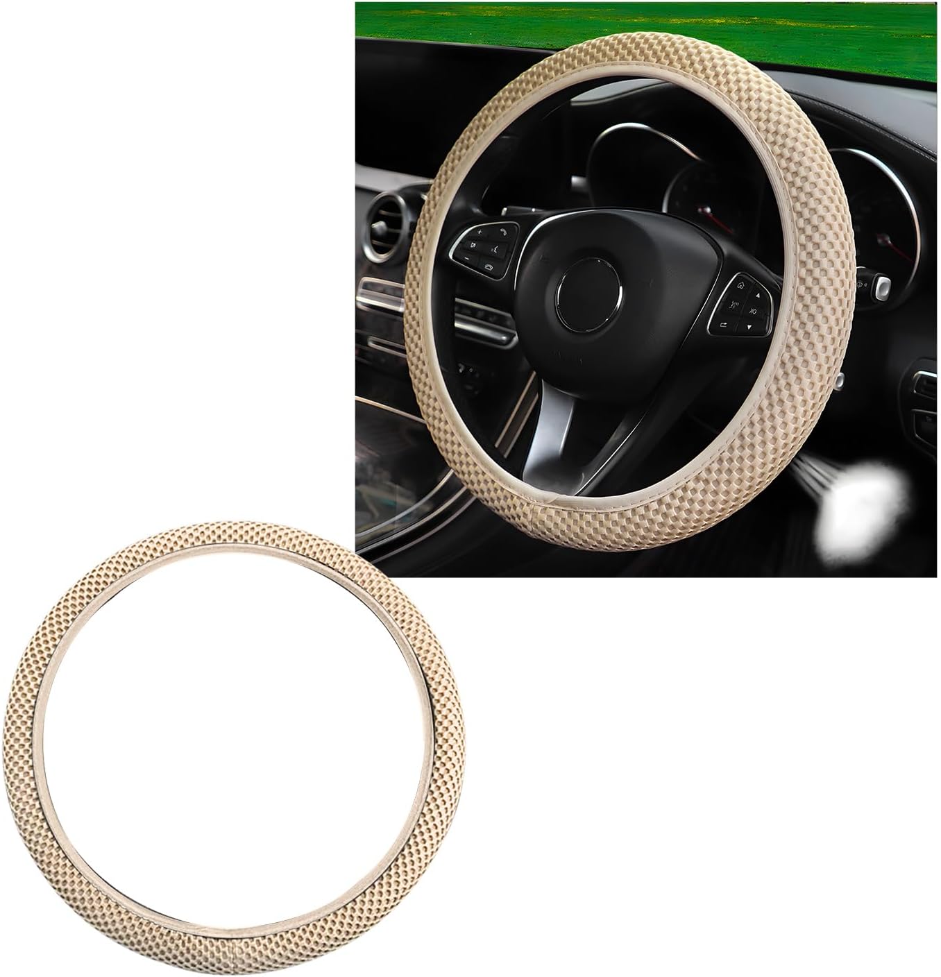 Wevdn Elastic Stretch Steering Wheel Cover, 15"×15" Microfiber Breathable Ice Silk Steering Wheel Protector, Anti-Slip Elastic Steering Wheel Cover for Men Women, Car Accessories (Beige)