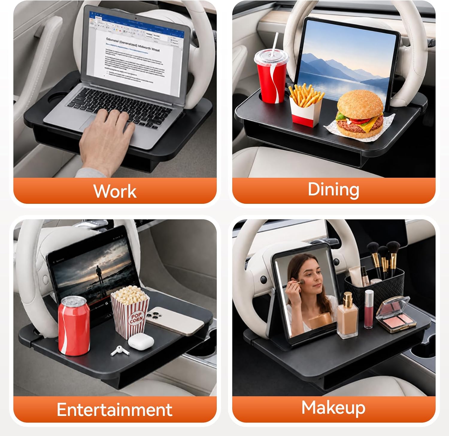 2-in-1 Steering Wheel Tray and Car Seat Gap Organizer for Drivers, Adjustable Food Tray and Laptop Desk Table for Eating, Working, Writing, Road Trips, Fits Most Cars, SUVs and Minivans