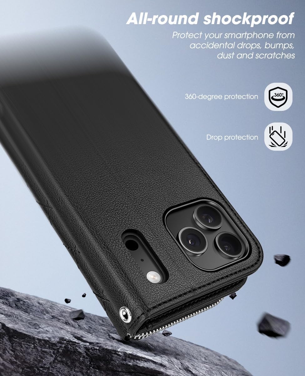 OCASE for iPhone 17 Pro Max Crossbody Wallet Case - Stylish PU Leather Handbag Phone Purse with Zipper Closure, Card Slots & RFID Blocking - Wrist Strap, Lanyard, Kickstand - Diamond Check Black - Image 6