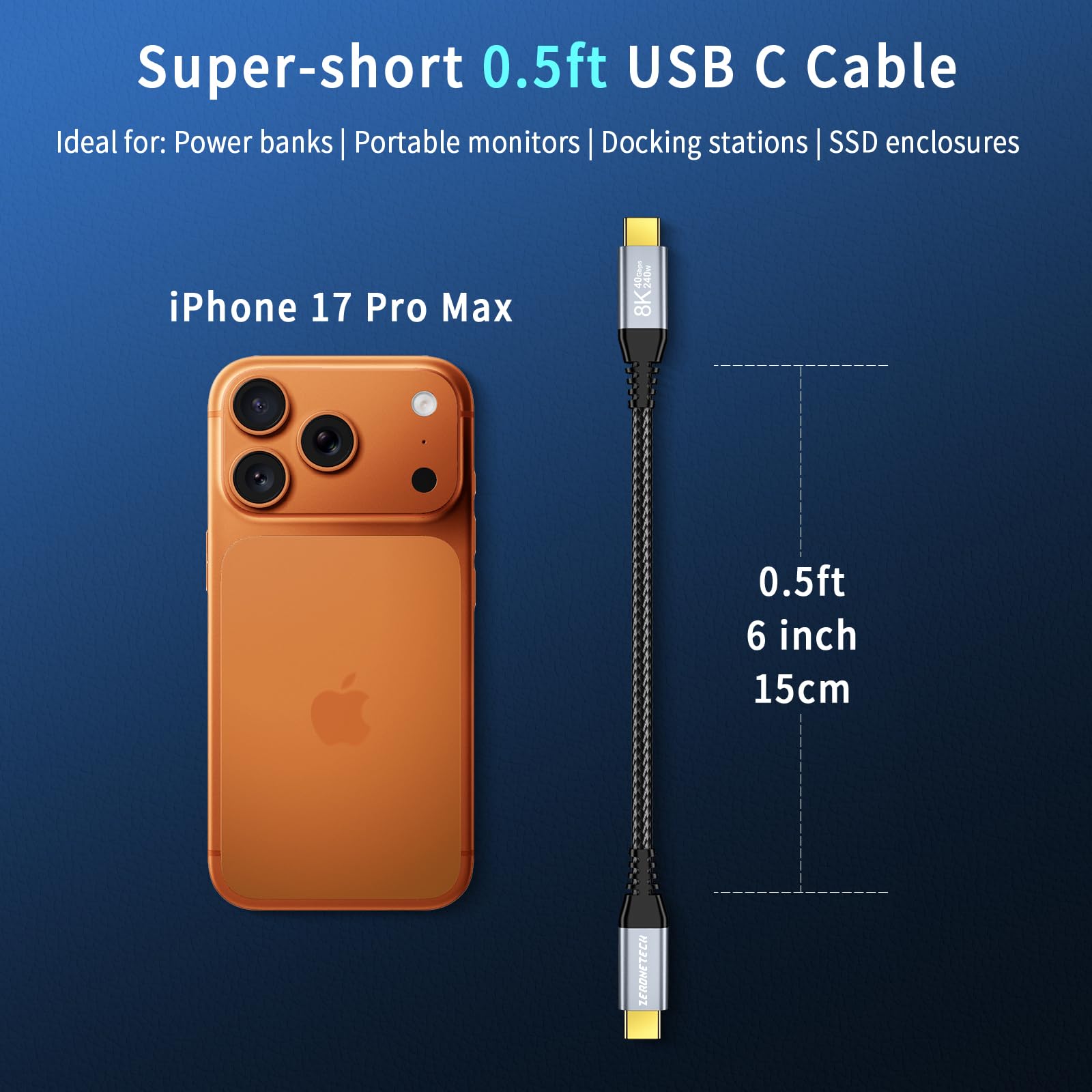 ZeroneTeck Cable USB C a C de 6 pulgadas [3 unidades de 0.5 pies], transferencia de datos de alta velocidad de 40 Gbps, carga PD de 240 W, cable de monitor 8K/4K