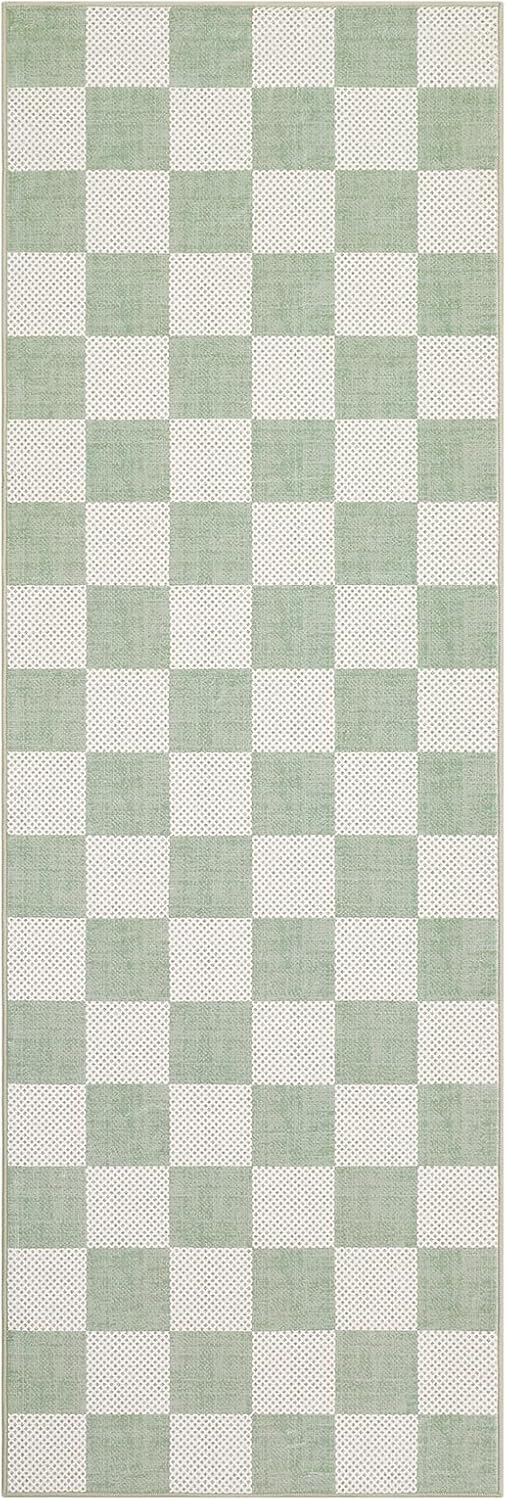 GarveeHome Checkered Sage Green 2x6 Washable Kitchen Runner Rus Geometric Diamond Dot Modern Soft Low-Pile Long Rug for Bedroom Hallways Entryway Non-Slip TPE Rubber Backing