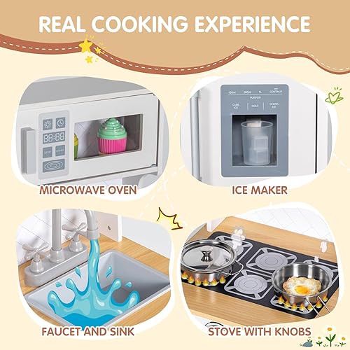 Miniatura 10 de Juego de cocina para niños, cocina de madera con grifo, fregadero, microondas, horno, delantal, gabinetes, juego de juguetes de cocina con sonido y