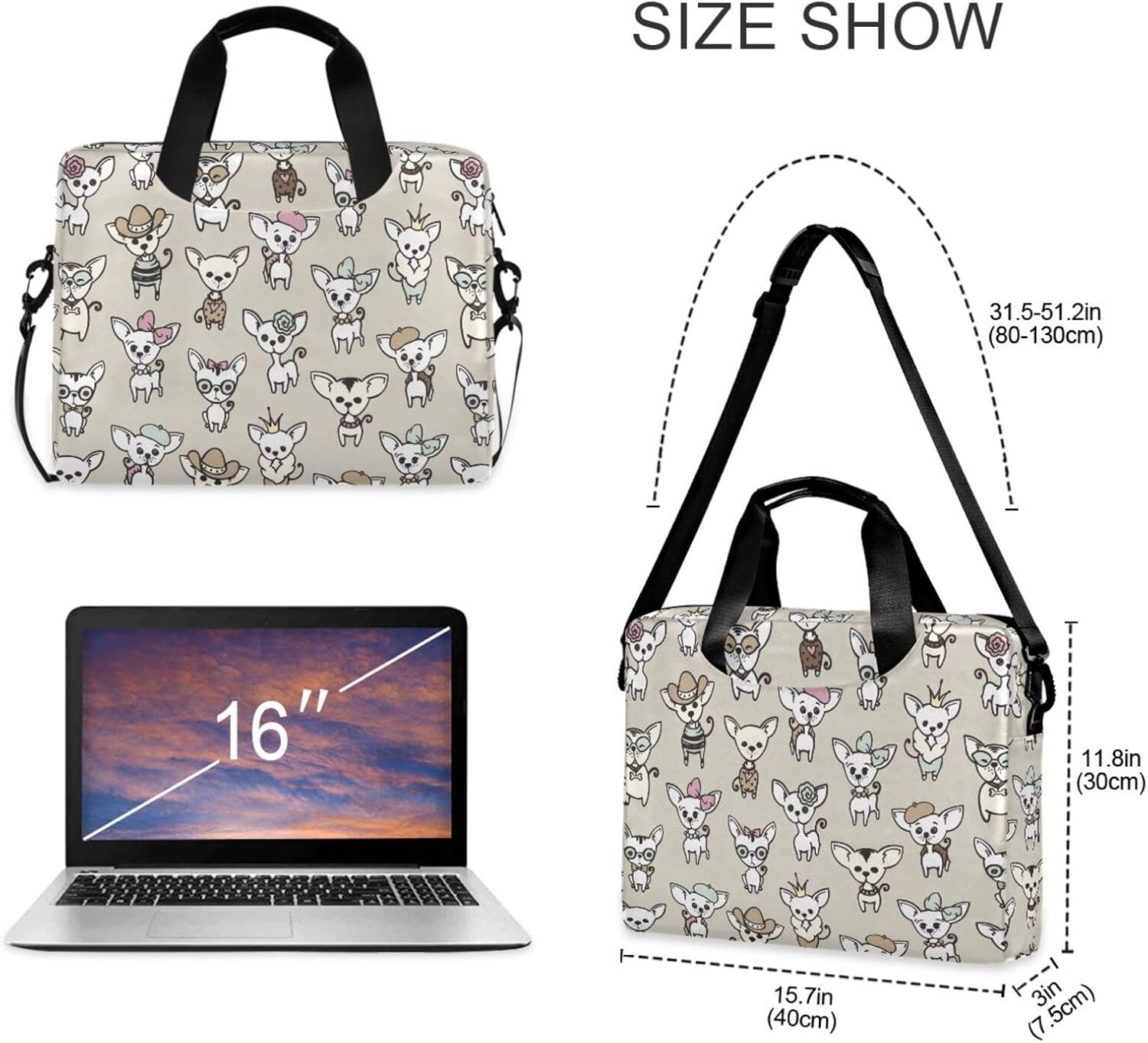 Laptop Bag 15.6 inch, Waterproof Laptop Case with Strap, Protective Laptop Carrying Case for Women & Men, Cute Chihuahua Dogs - Image 5