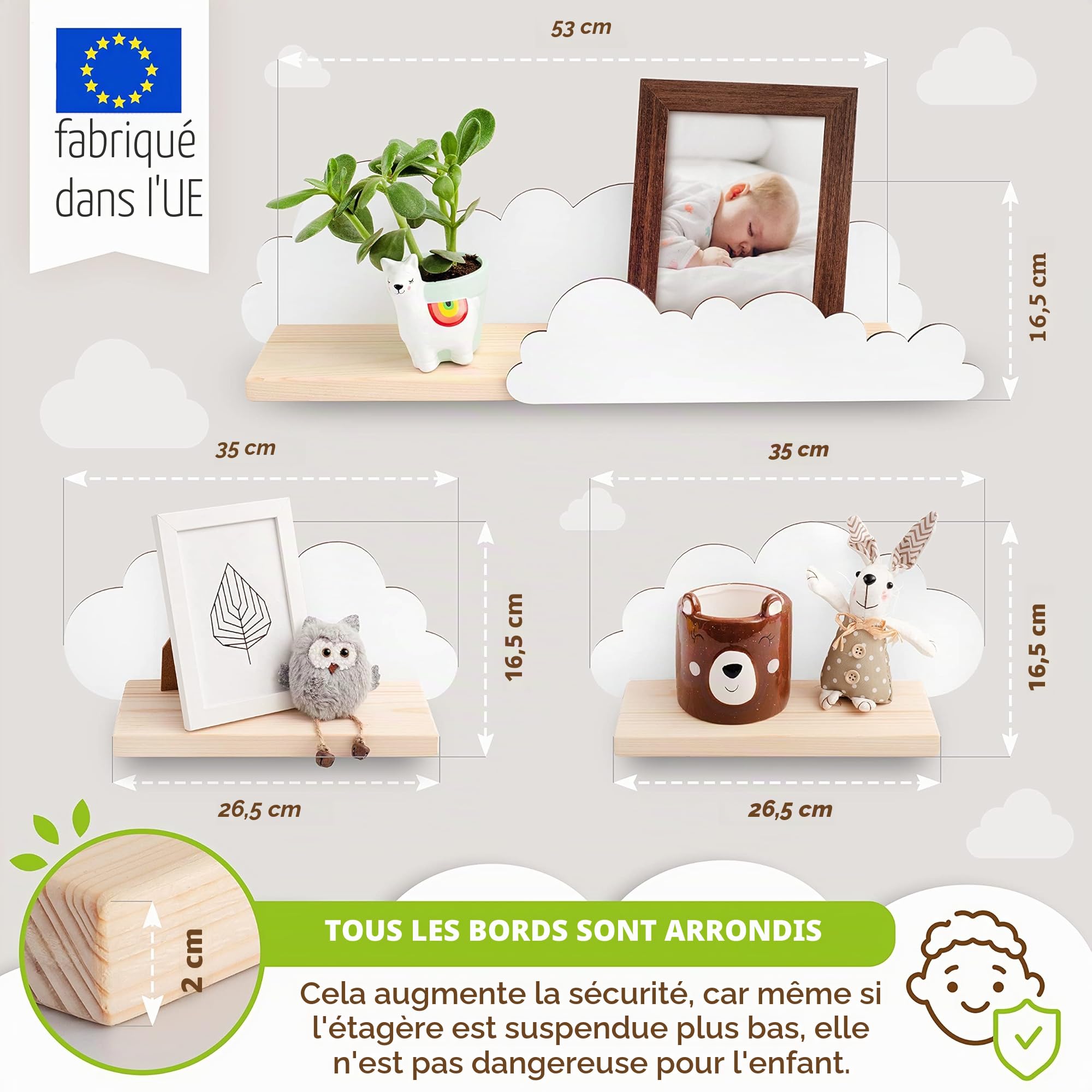 Outentin Lot de 3 étagères murales nuages pour chambre d'enfant, en bois naturel, en forme de nuage, avec supports et chevilles de fixation, blanc