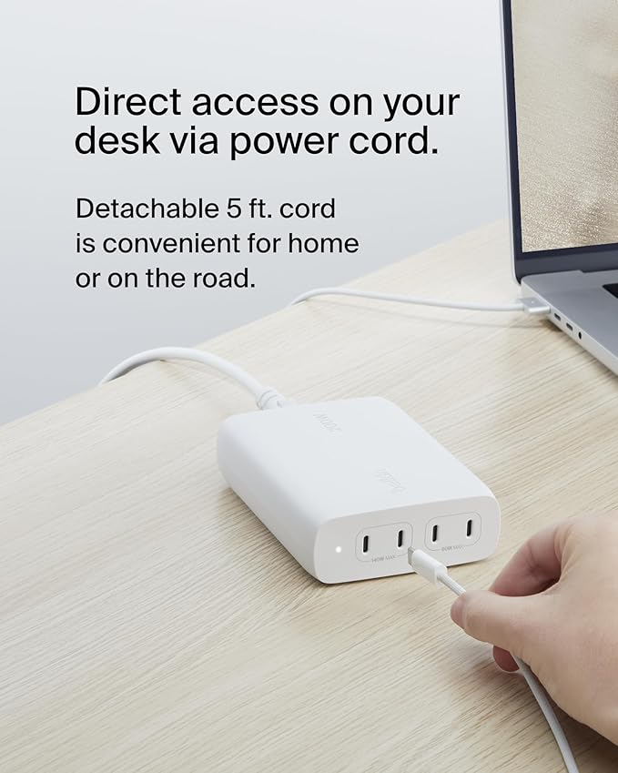Belkin 4-Port USB C Charger Block 200W - GaN Multi-Port Charger USB-C PD3.1 Fast Charge + 5ft Power Cord - MacBook, iPhone 17, Air, iPad, Samsung Galaxy S25, Google Pixel 10, Nintendo Switch 2 - White