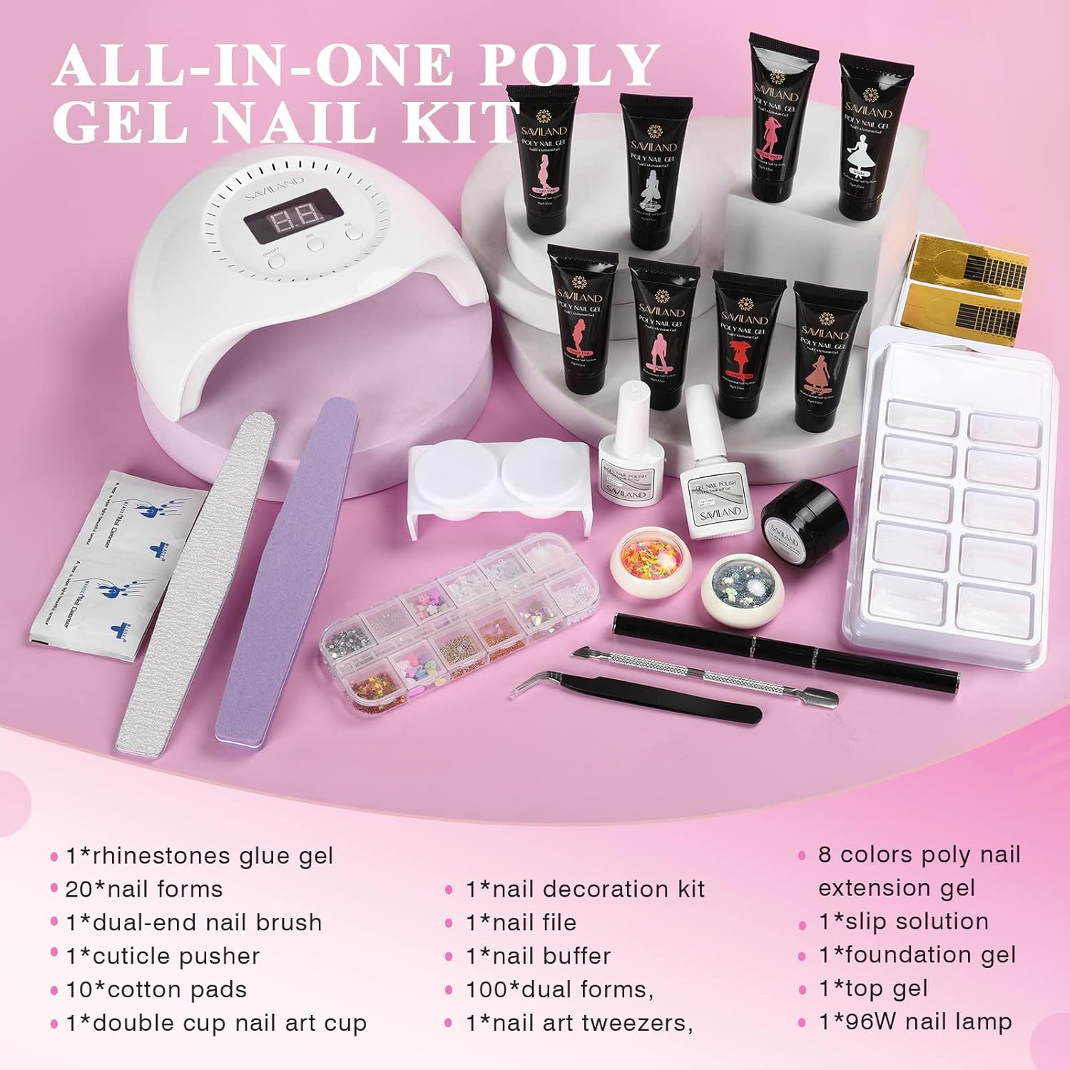 SAVILAND 8 Colors Poly Nail Extension Gel Nail Kit Poly Gel Nail Nudes Color Series with 96W Nail Lamp Slip Solution Nail Tools All in 1 Manicure Starter Kit for Nail Salon Home DIY