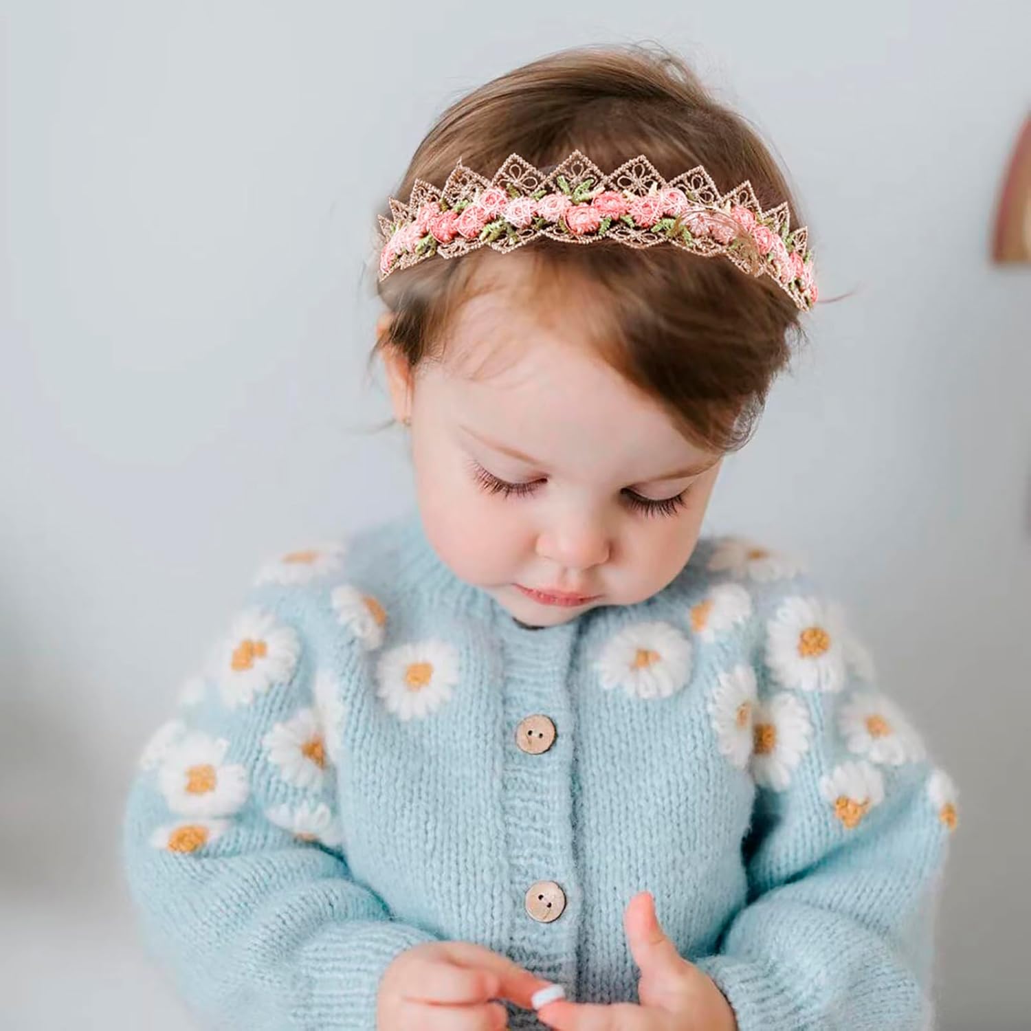 Baby Girl Flower Hair Bows Nylon Headbands, 6PCS Stretchy Soft Floral Hairbands Crown, Handmade Hair Accessories for Newborn Infant Toddler - Image 2