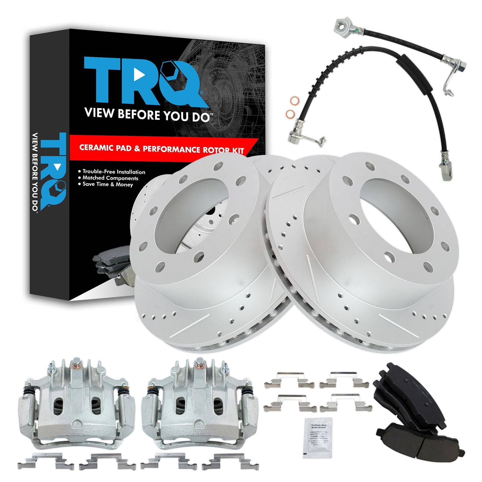 TRQ Brake Pad &amp; Rotor Kit Slotted X Drilled Performance Ceramic Compatible with 2000 Ford Excursion F-350 Super Duty