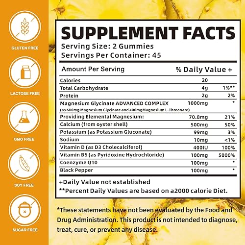 Miniatura 6 de Gomitas de glicinato de magnesio 1000 mg con L-treonato de magnesio, suplemento de complejo de magnesio y potasio quelado con VitD, B6, CoQ10,