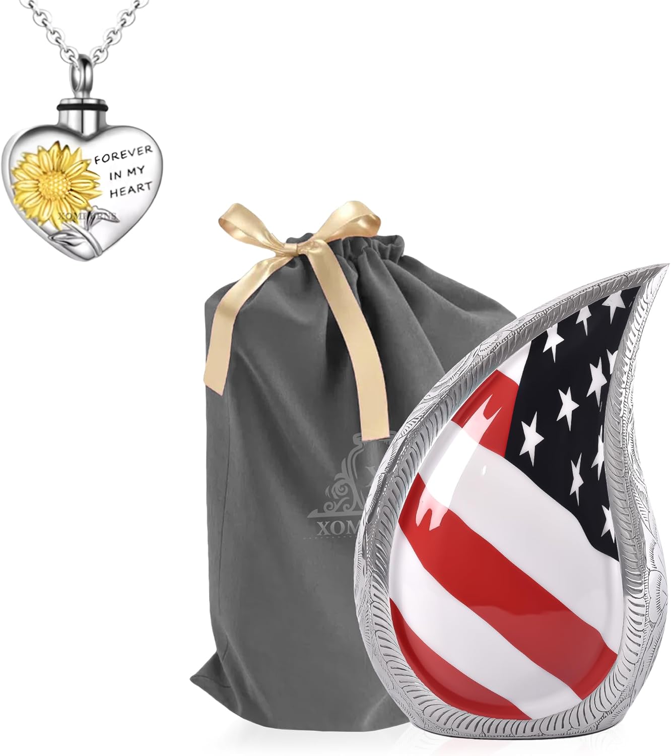 Teardrop Urn for Human Ashes – Large Patriotic American Flag Urn for Adult Men & Women – 160 Cu/in – Decorative Cremation Urn with Heart Necklace for Ash Large Teardrop