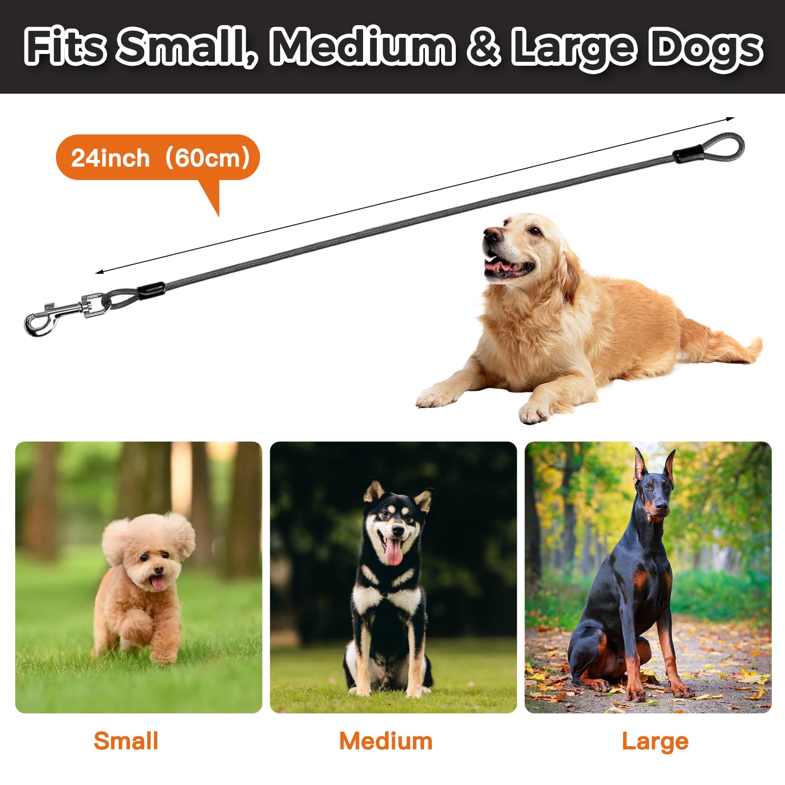 Chew Proof Dog Leash Extender, 2FT 5mm Metal Lead Extension, 360° Tangle-Free for Walking & Training Puppies, Fits Small/Medium/Large Dogs, Collar & Harness Compatible (Black/Orange/Blue) — view 6