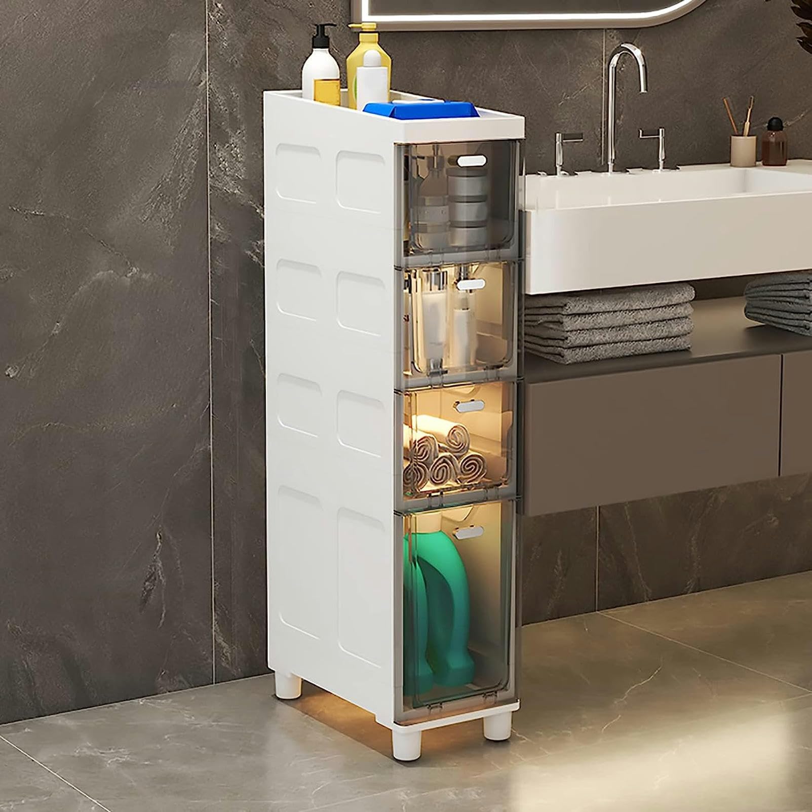 Gabinete de piso para baño con cajones de almacenamiento apilables Gabinete de baño Delgado de almacenamiento, Gabinete de almacenamiento de Papel higiénico Delgado de gr