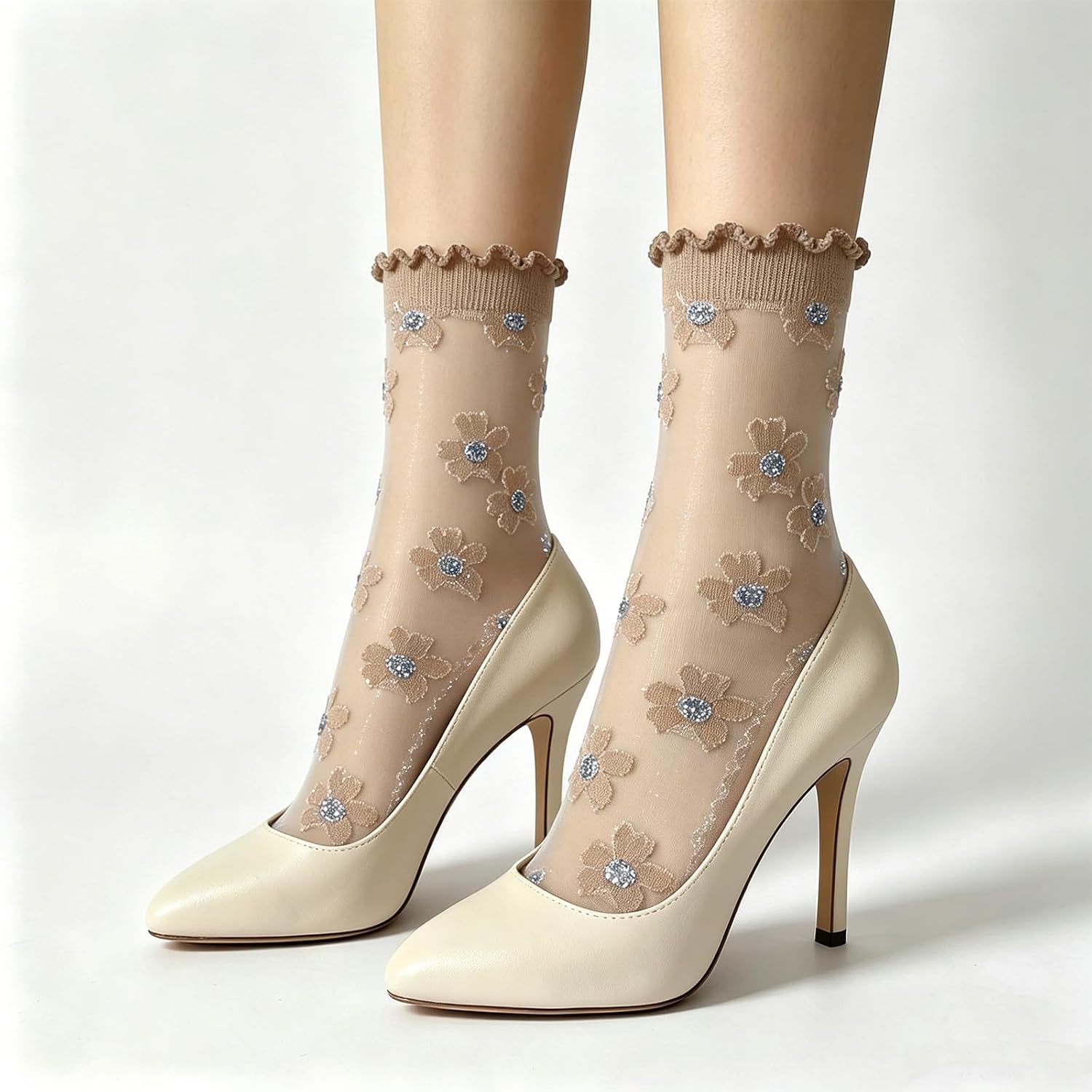 DXYAKY 5 Pairs Sheer Floral Socks for Women, Mesh Lace Ruffle Ankle Socks Breathable Summer Cute Transparent Stockings