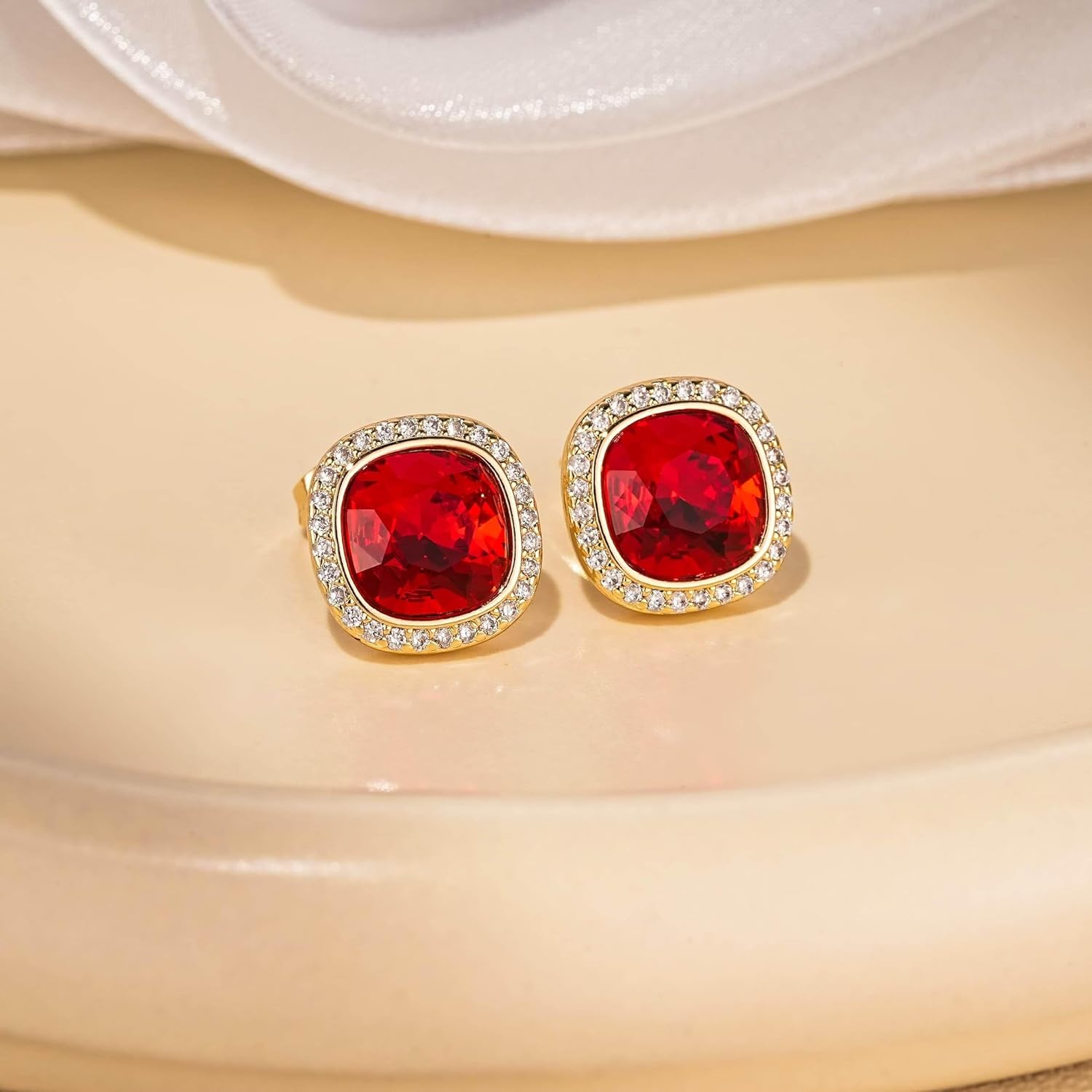 EVEVIC Austrian Crystal Halo Square Stud Earrings for Women 14K Gold Plated Birthstone Earring Hypoallergenic Jewelry Gifts - Image 3