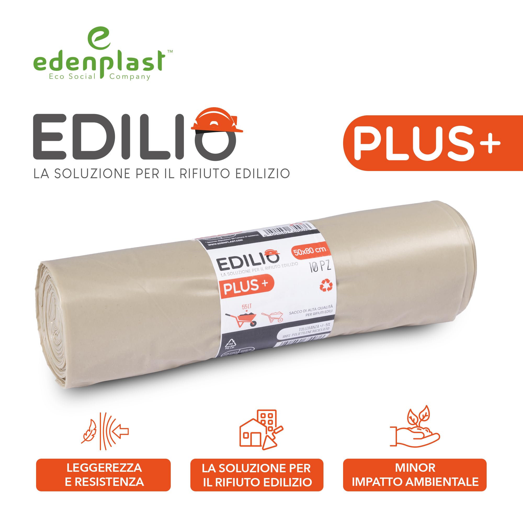 Sacchi spazzatura EDILIO+ 55LT - 50x80cm - Ambra - Sacco di alta qualità per rifiuti edili - Polietilene 100% Riciclato - 12 Rotoli da 10 sacchi