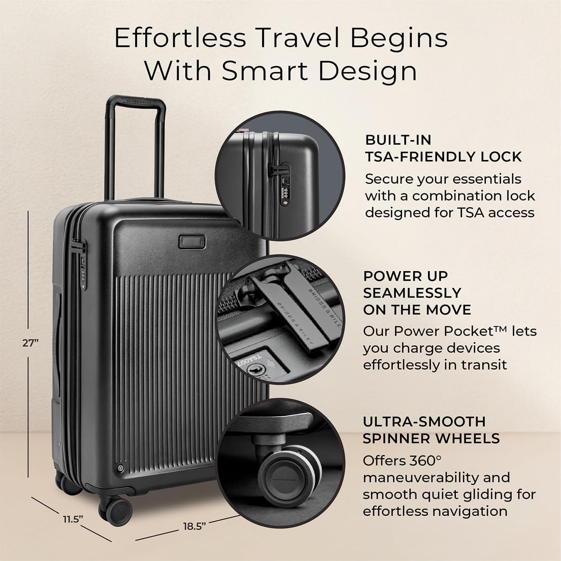 Briggs & Riley 27" Medium Expandable Spinner - Checked Luggage for Travel, Suitcases with Wheels, Hardside Rolling Bag for Men & Women, Self-Repairing Zipper - Sympatico Collection, Black 27" Medium Checked Black image 2 of 6 B0D6HWPDLR