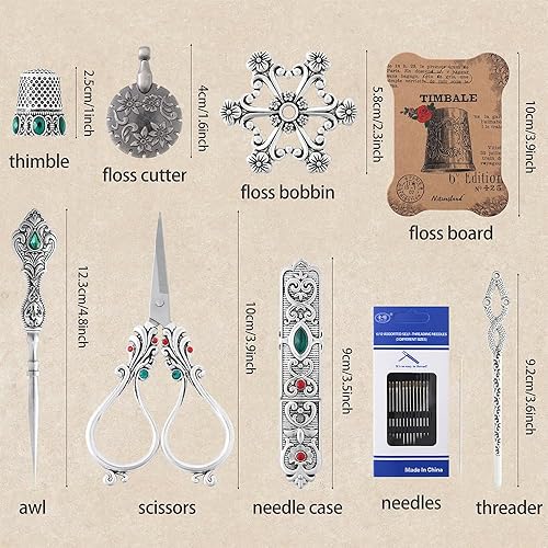 Miniatura 2 de NOTIONSLAND Kit de tijeras de bordado vintage, herramientas de costura de acero inoxidable, tijeras, punzón de costura, estuche de aguja, dedal,