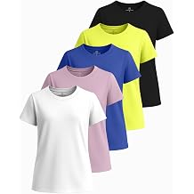 Real Essentials 5 Pack Girls Short Sleeve Breeze Tech Athletic Shirts Moisture-Wicking Sports, Gym, Workout & Dance, Tees