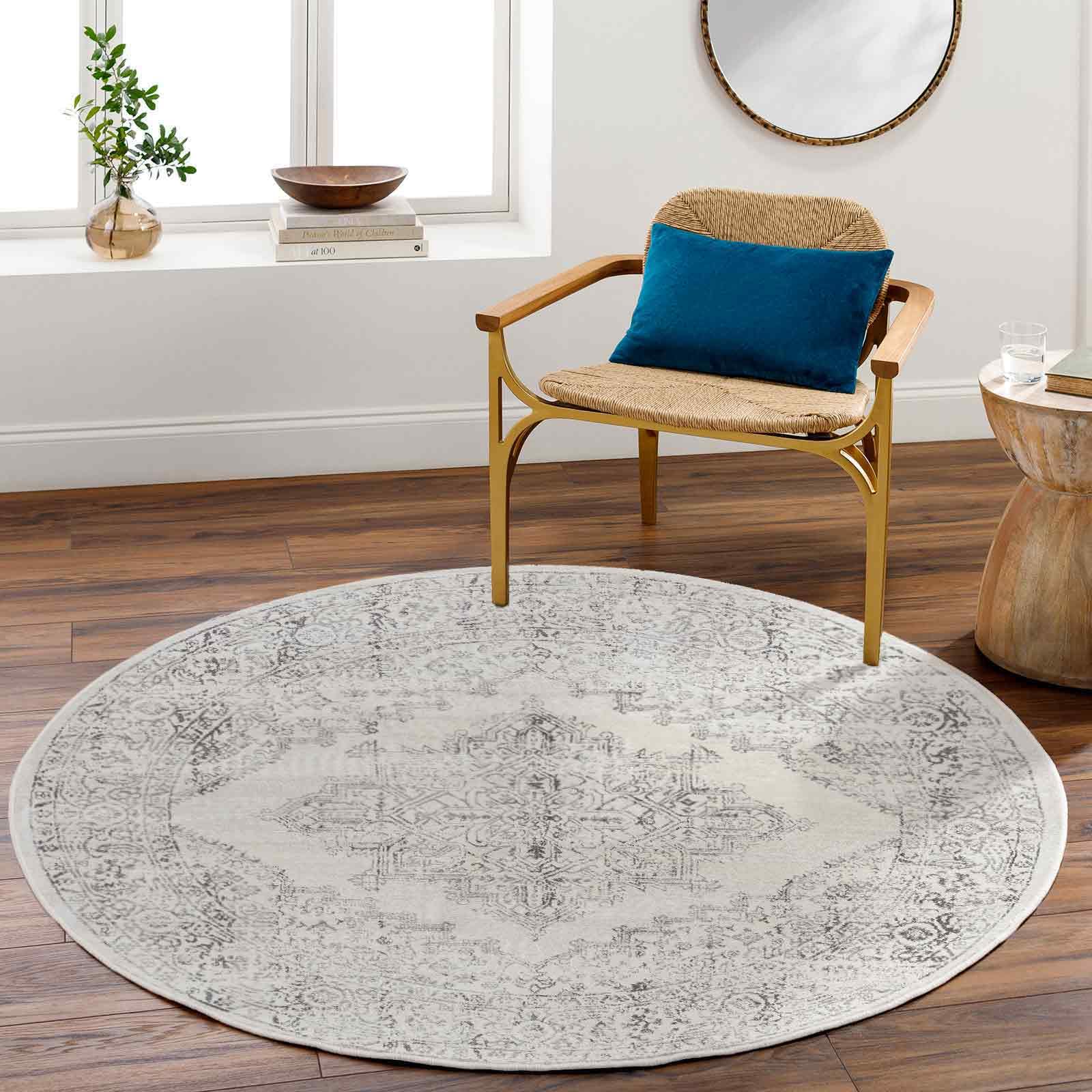 Livabliss Ceren Roma Vintage Round Carpet 160 cm, Living Room & Bedroom, Scandi Neutral, Traditional Boho Pattern, Easy Care Pile, Off White Grey