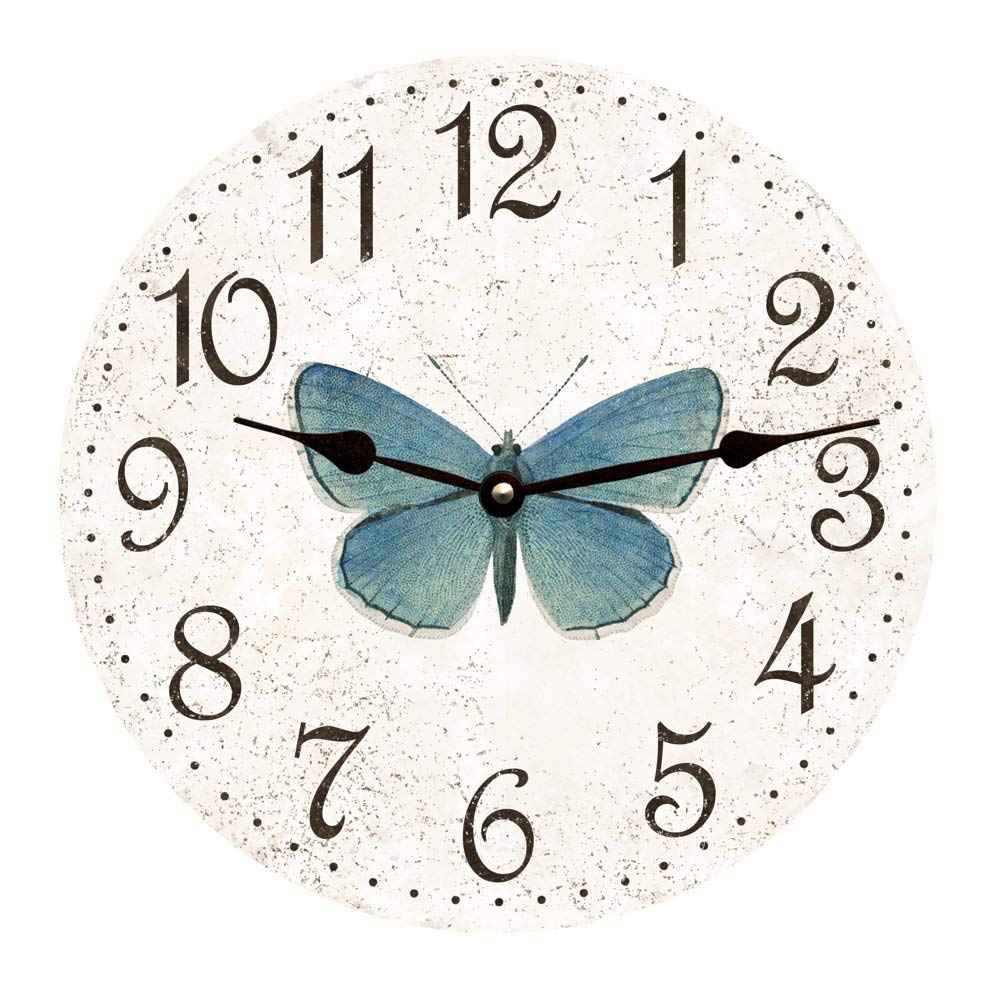 Horloge murale silencieuse et ronde avec papillon rustique pour l'école