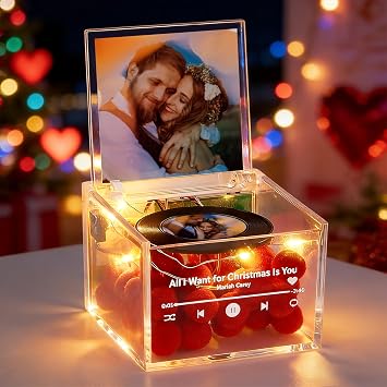 VEELU Valentines Day Gift Personalized Acrylic Music Box with Custom Photo Song Mini Music Record Player Romantic Elegant Keepsake to Relive Cherished Moments for Couples