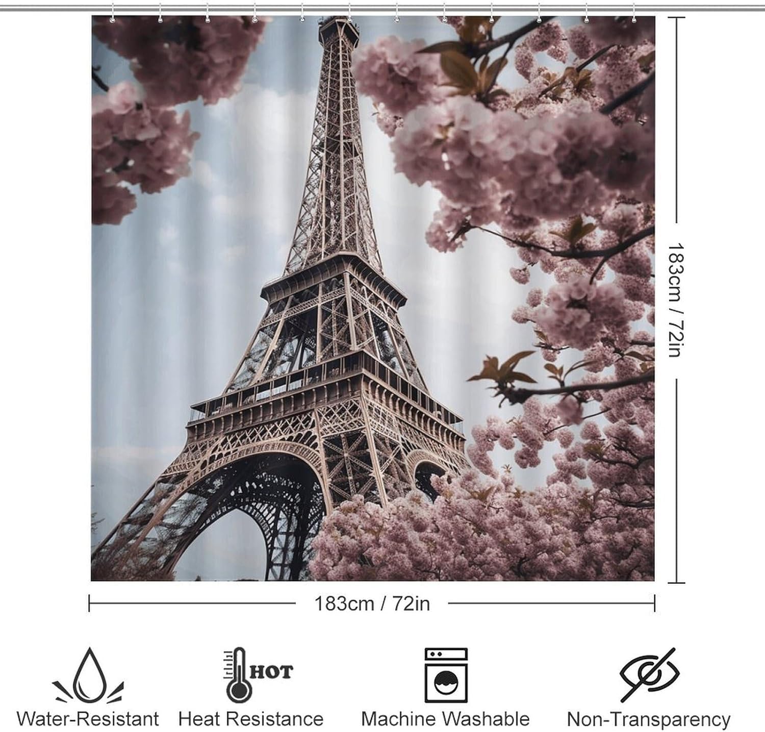 Eiffel Tower Blossoms Shower Curtain Set 4 Piece, Non-Slip Bath Mat with Toilet Lid Cover and Waterproof Shower Curtain with 12 Hooks, Complete Bathroom Set for Home Decor