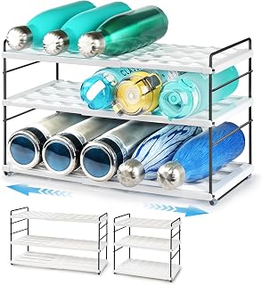 Water Bottle Organizer for Cabinet, Expandable Water Bottle Storage Rack, Water Bottle Shelf Storage for Flask, Travel Mugs, Tumbler, Kitchen Pantry Organization -3 Tier