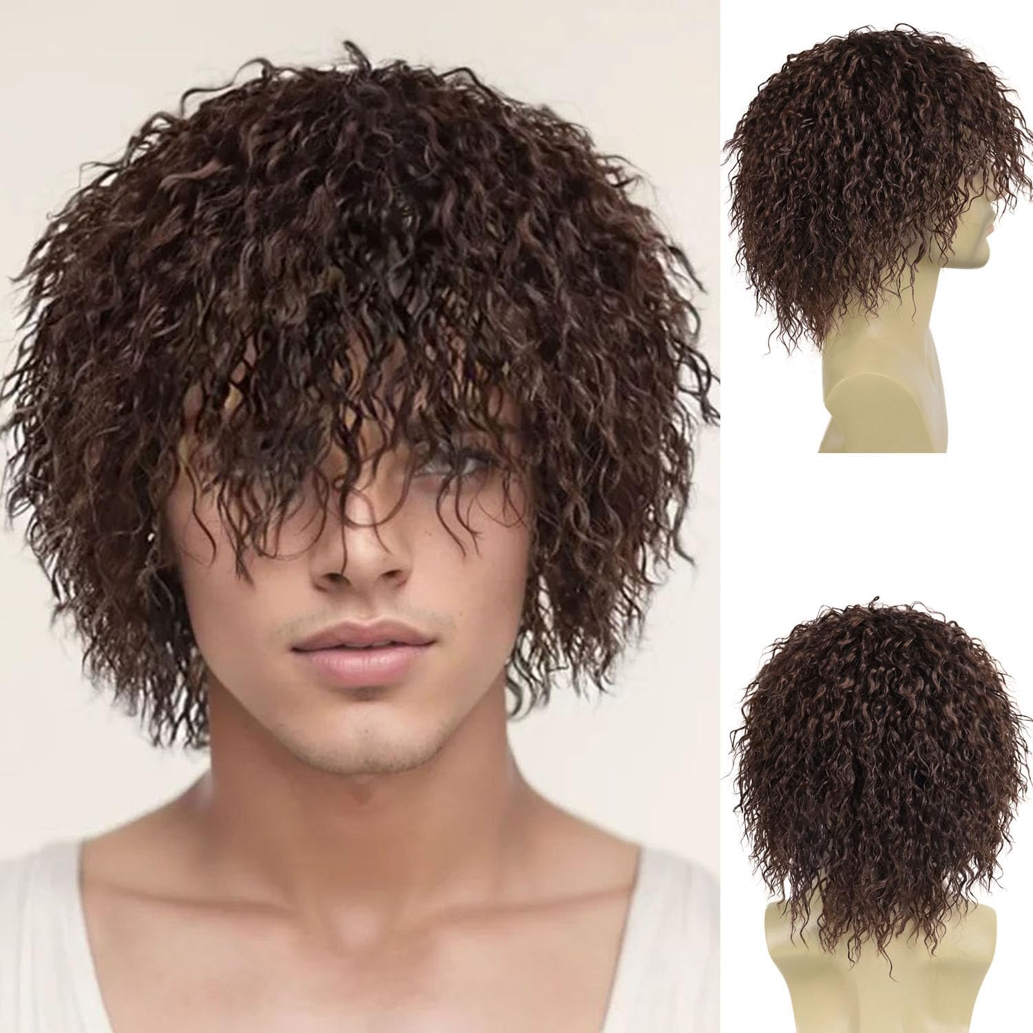 GNIMEGIL 12inch Medium Brown Curly Wigs for Man Short Wig with Bangs Big Volume Male Wigs in Synthetic Fiber Fluffy Wavy 70s 80s Punk Cosplay Costume