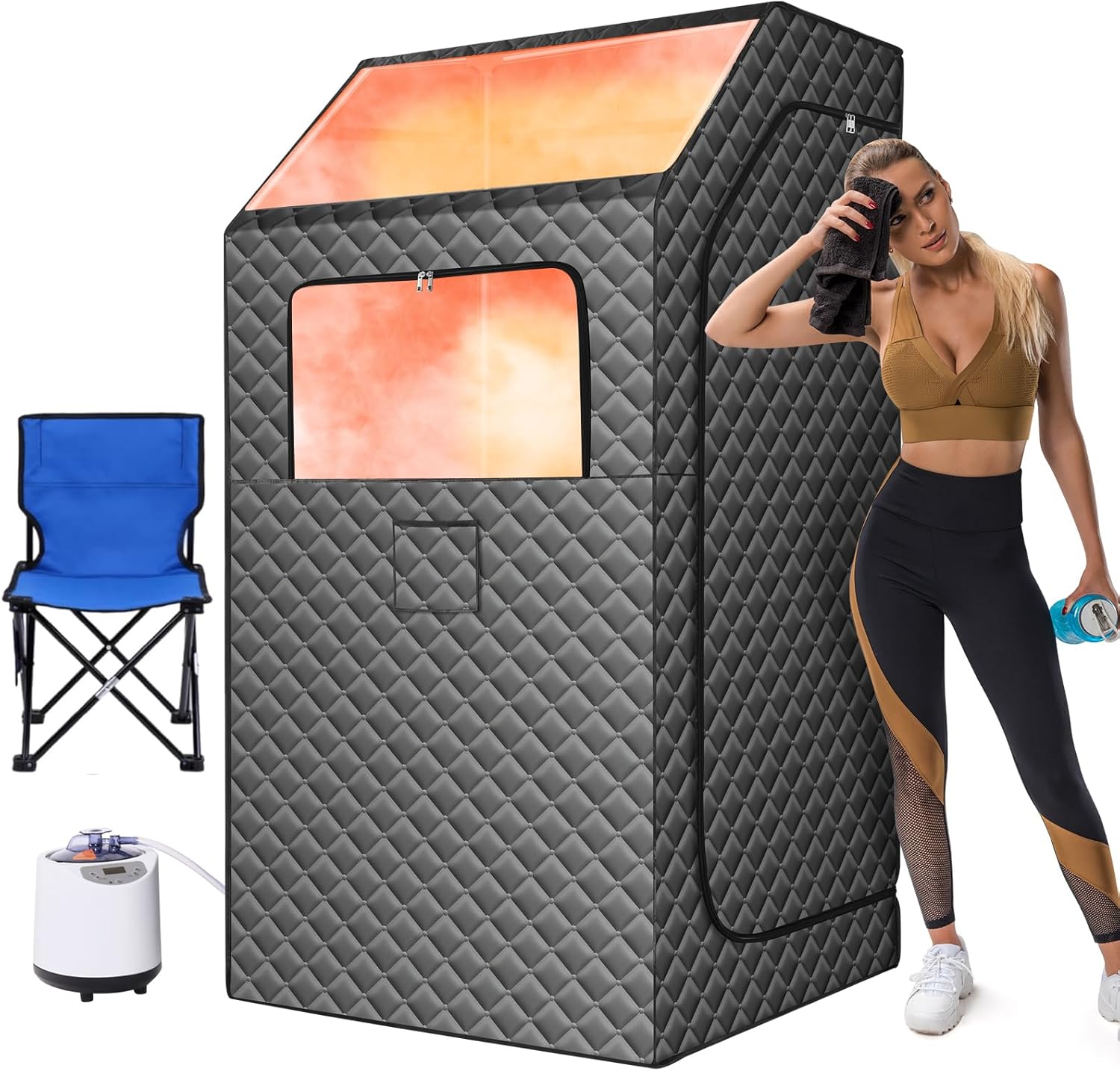 Portable Sauna Box for Home, Spa Sauna with Folding Chair and Waterproof Mat, 15 Levels of Steam Sauna with Remote Control, Indoor Sauna for Body Relaxation, 35" x 35" x 67", Gray