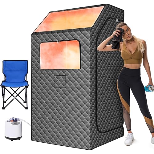 Portable Sauna Box for Home, Spa Sauna with Folding Chair and Waterproof Mat, 15 Levels of Steam Sauna with Remote Control, Indoor Sauna for Body Relaxation, 35" x 35" x 67", Gray