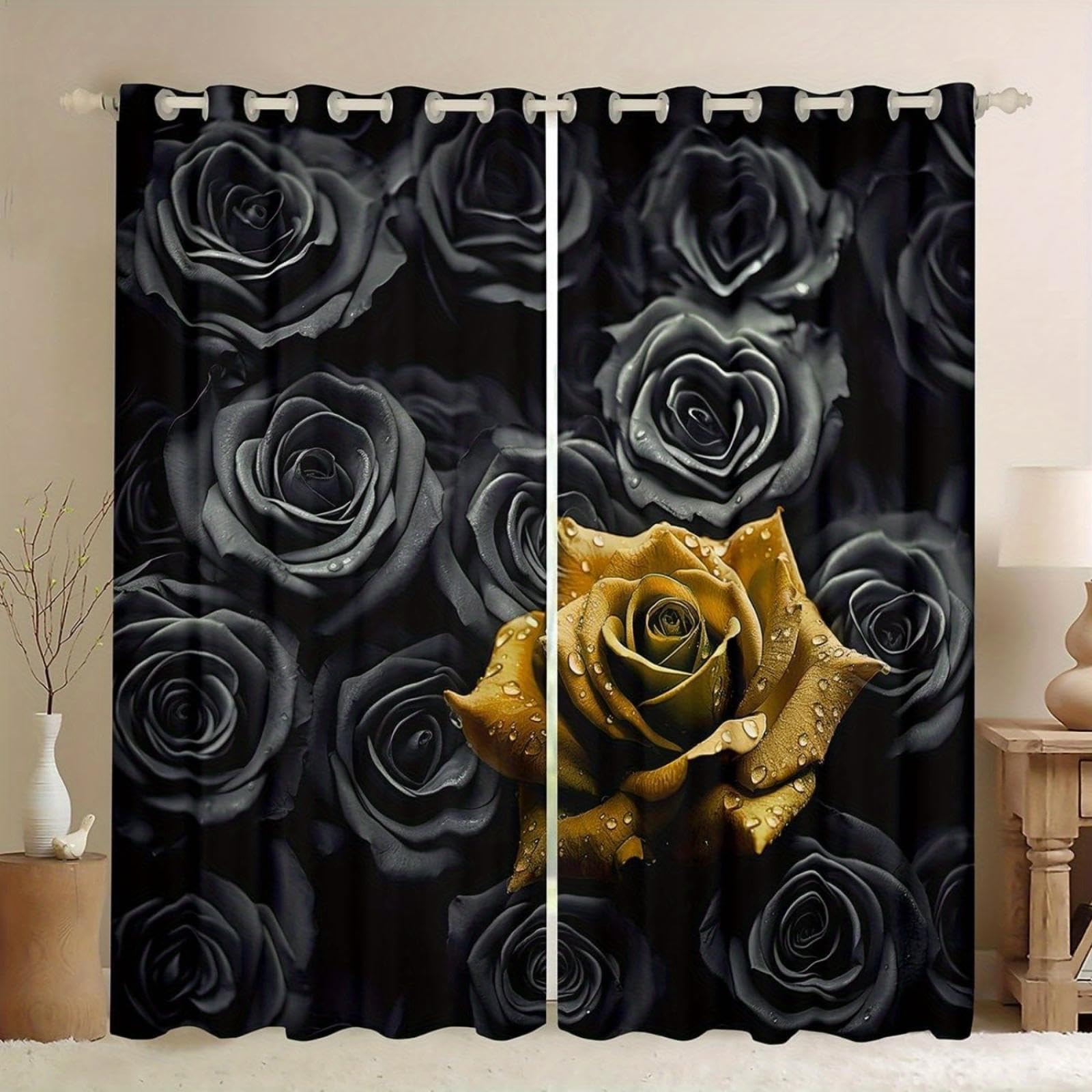 Rideaux occultants noirs et dorés 234x183cm à motif floral bohème