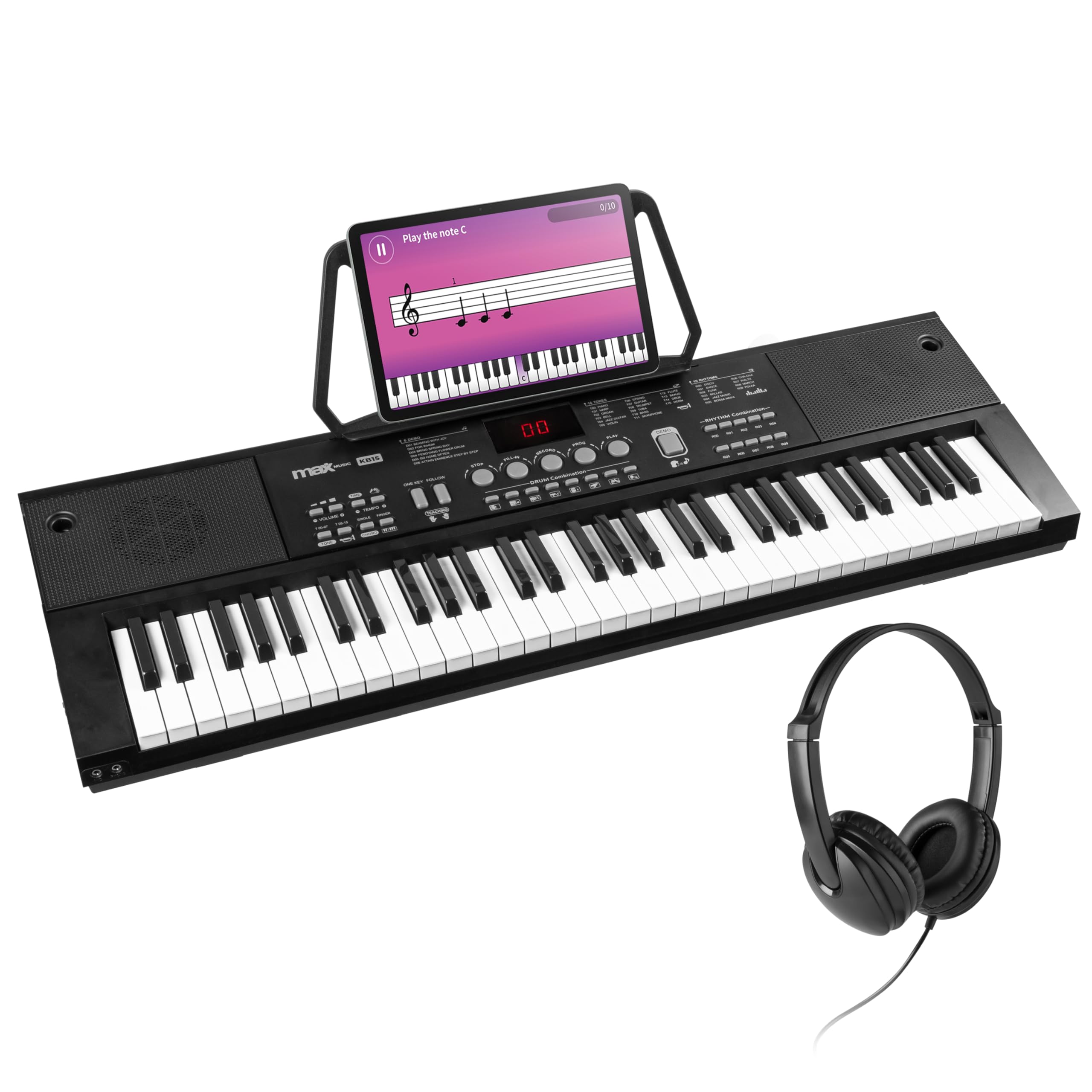 MAX KB15 - Teclado piano con 61 teclas, piano eléctrico con micrófono y auriculares, 8 horas de batería, pantalla LCD, 70 canciones, ideal para principiantes, 26 tipos de sonido, 8 de percusión, USB-C