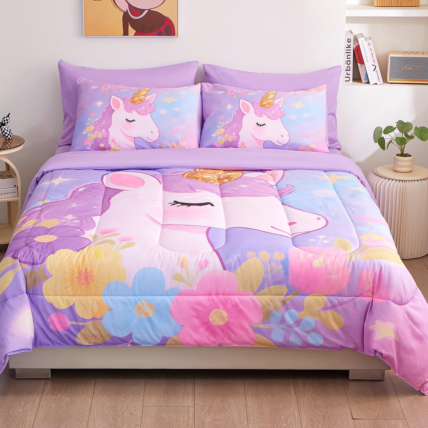 Twin Comforter Set for Girls 5 Piece Purple Unicorn Bedding Set for Girls Super Soft Microfiber Bed Set Bed in a Bag with Comforter Sheets Pillowcase & Sham