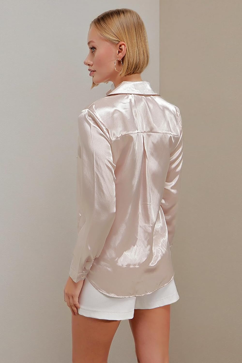 Women's Blouse Satin Silk Shirts Button Down Shirts Casual Loose Long Sleeve Office Work Tunic (as1, Alpha, x_l, Regular, Regular, Champagne) - Image 5