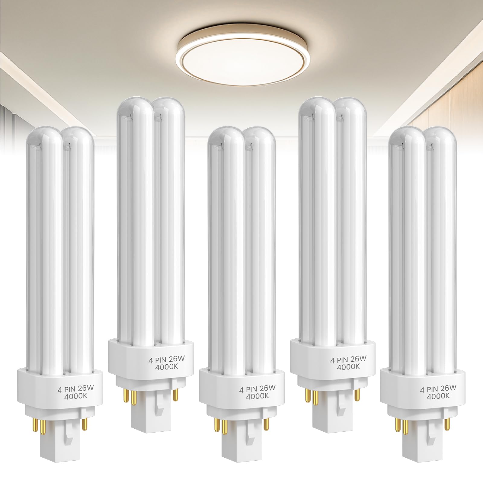 BrightArk 26W GX24Q-3 4 Pin Compact Fluorescent Lamp, Natural White 4000K 2U Shape Energy Saving Bulb, Non-Dimmable CFL Light Bulbs for Corridor, Office, Bedroom, Porch, 5 Pack