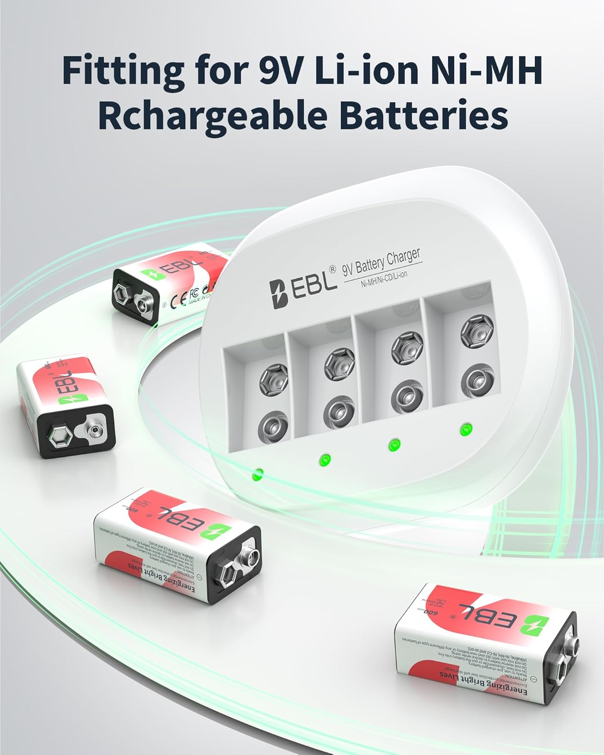 EBL 4 Bay 9V Lithium ion Battery Charger with 600mAh 9V Li-ion Rechargeable Batteries 4 Packs