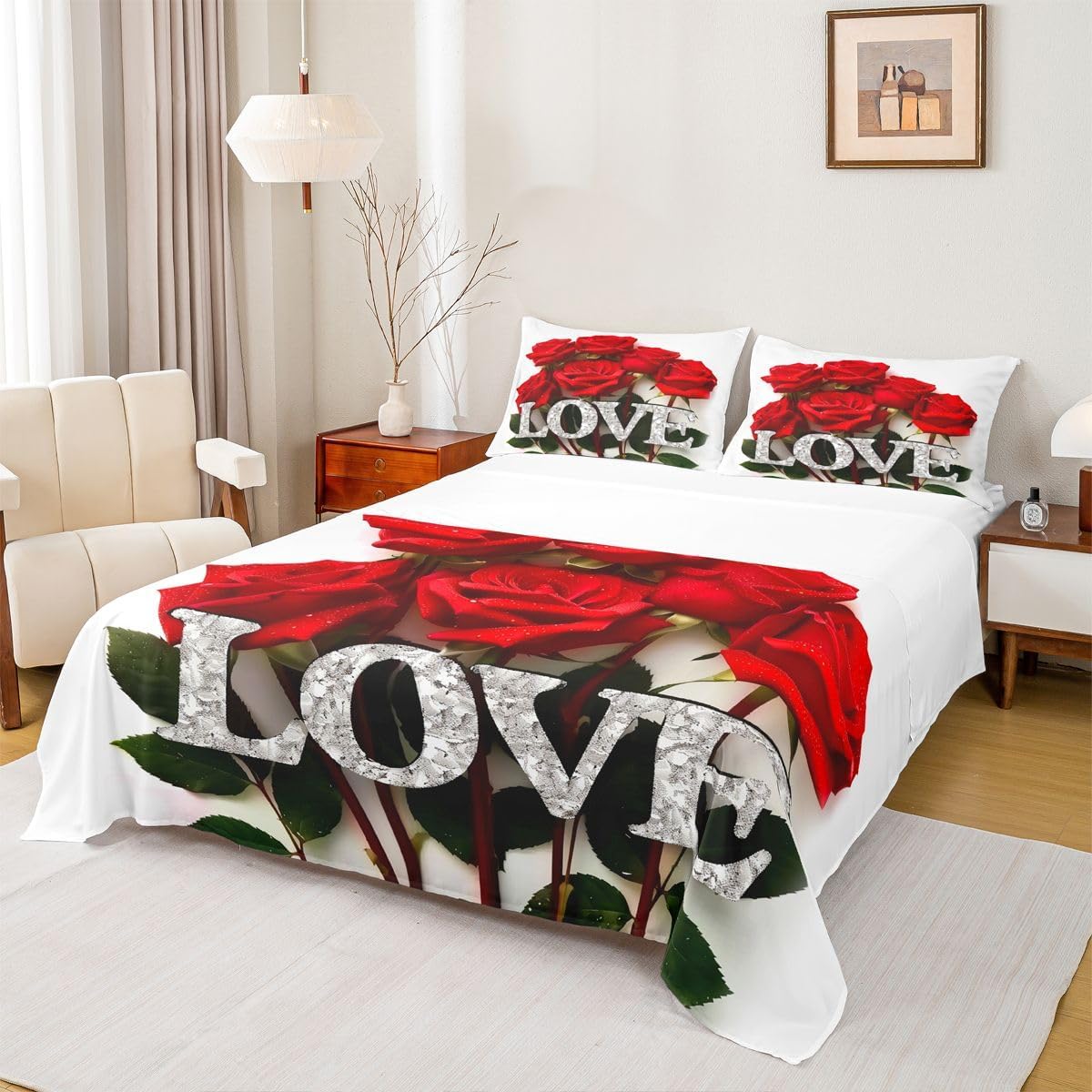 Erosebridal Cute Rose Flowers Sheet Set Couple Plant Leaves Twin Sheets Set for Toddler Boys | White Botanical Art Love Chic Valentine's Day Theme Fitted Sheet, Kawaii Room Decor Aesthetic