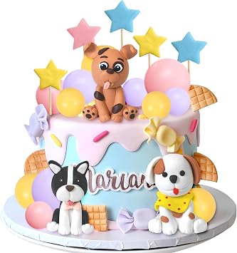 Dog Cake Topper Clay Figurines - Puppy Star Yellow Pink Purple Ball Cake Topper for Dog Theme Birthday Cake Decorations Style 01