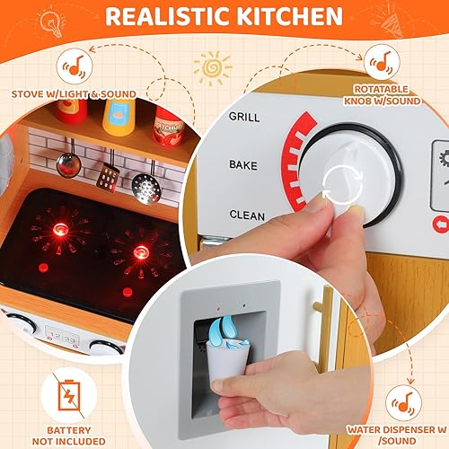 Miniatura 6 de Juego de cocina para niños, juego de juguetes de madera con diseño realista, sonidos de luces, ollas y utensilios para niños y niñas a partir de 3