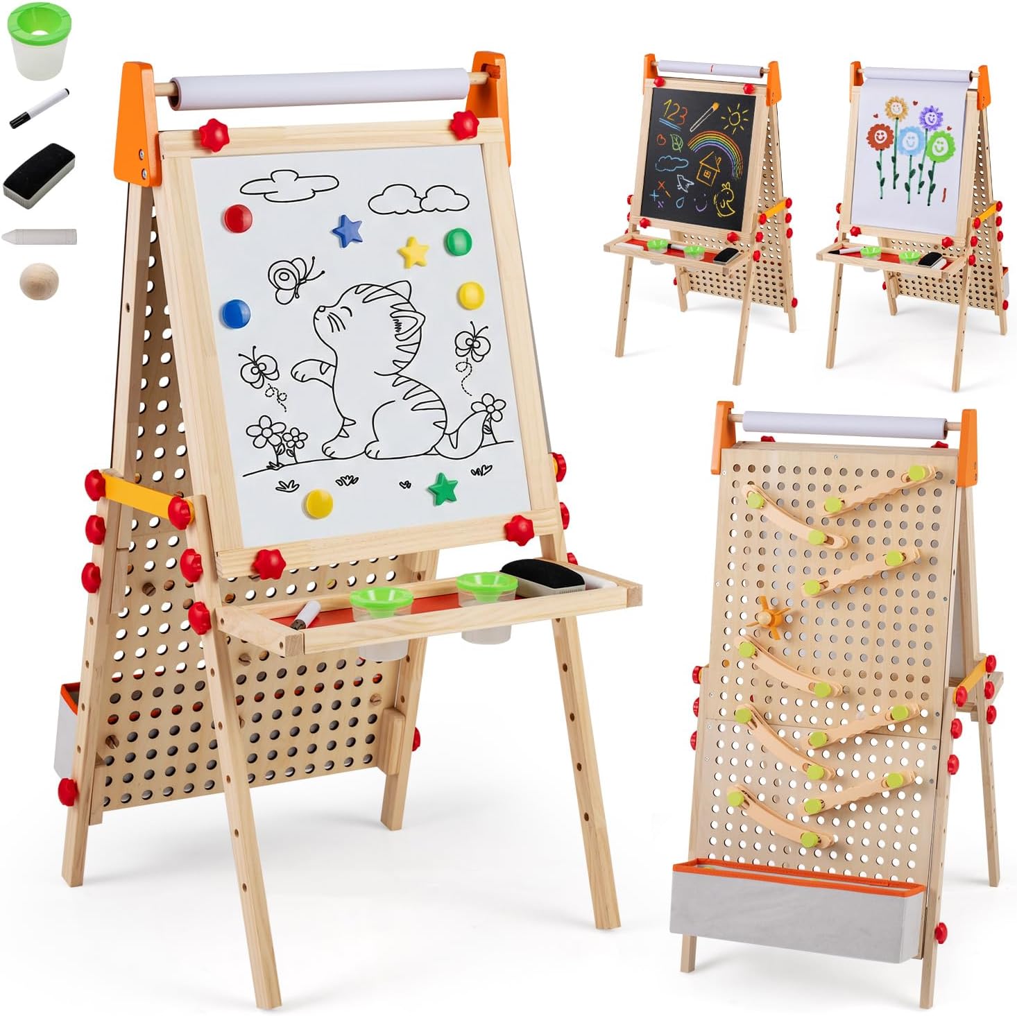 Costzon 4-in-1 Easel for Kids, Double-Sided Chalkboard and Magnetic Whiteboard with Paper Roll, Marble Run Side and Storage Tray with Accessories, Adjustable Foldable Drawing Art Easel for Children 3+